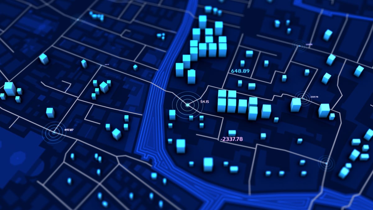 Futuristic 3D rendered city map with glowing blue digital streets and HUD-style interface