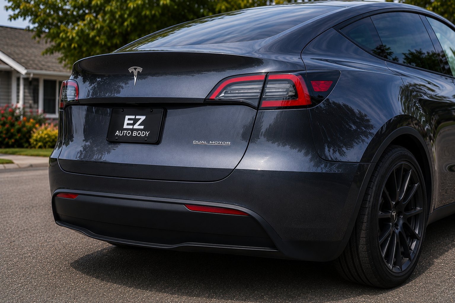 Rear view of a dark gray Tesla electric sedan with red taillights and EZ Auto Body license plate frame parked on a residential street