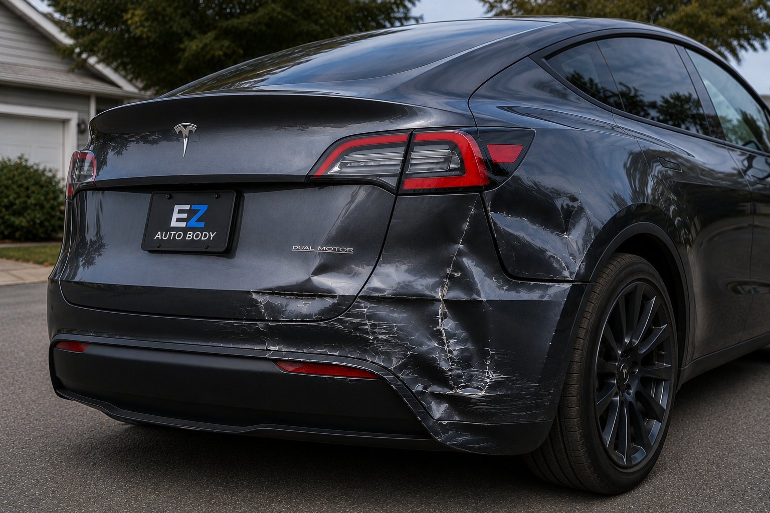Rear view of a black Tesla showing significant damage to the rear bumper and quarter panel with EZ Auto Body badge visible.